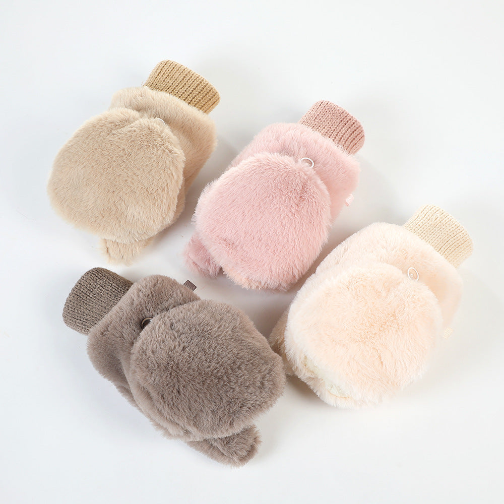 Plush Faux Fur Flip Top Gloves - Pink - 1