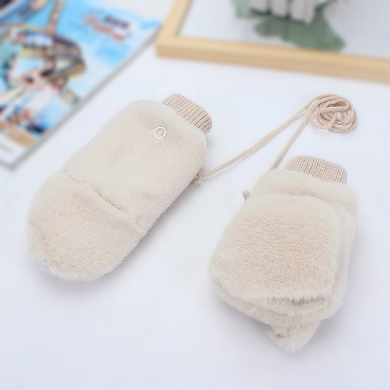 Plush Faux Fur Flip Top Gloves - White