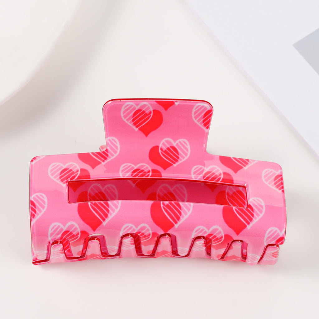 Checkered Heart Print Rectangular Claw Clip - C2