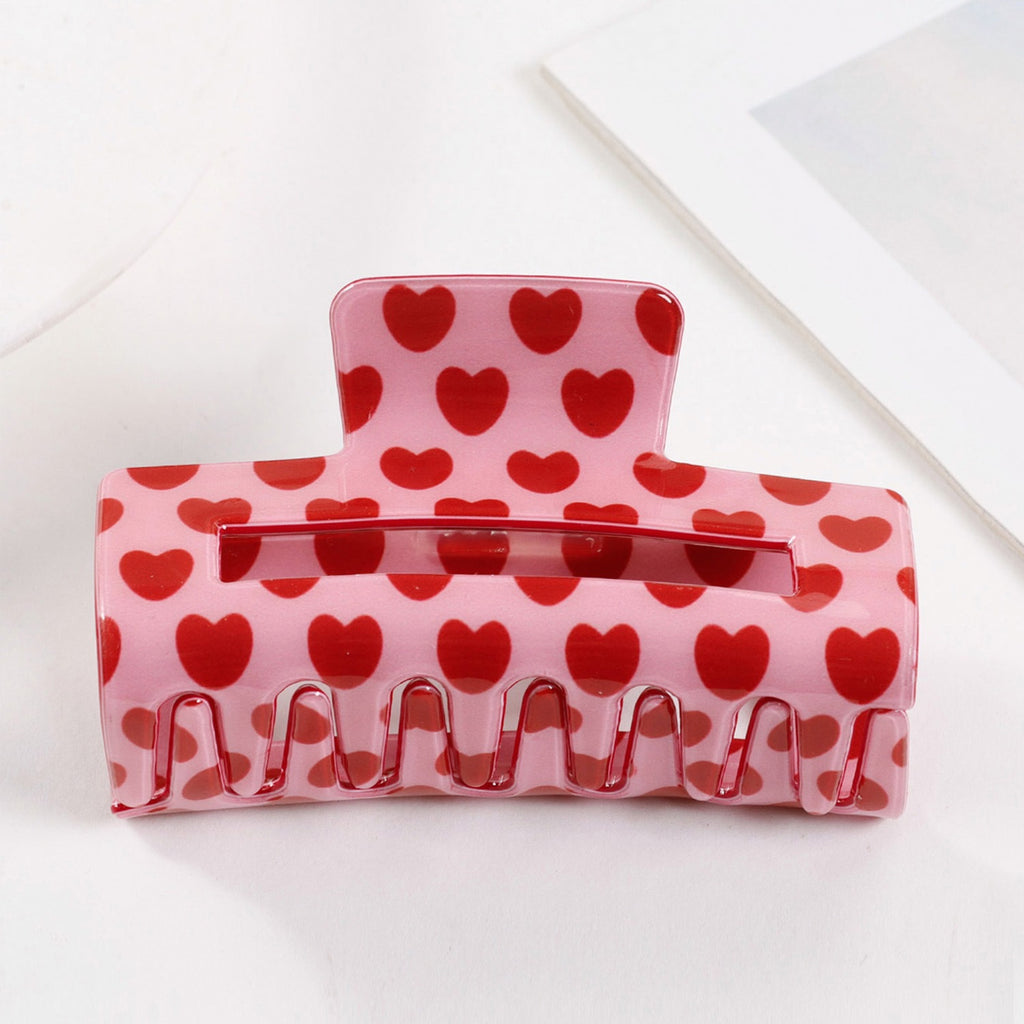 Checkered Heart Print Rectangular Claw Clip - C4