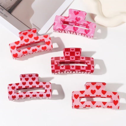Checkered Heart Print Rectangular Claw Clip