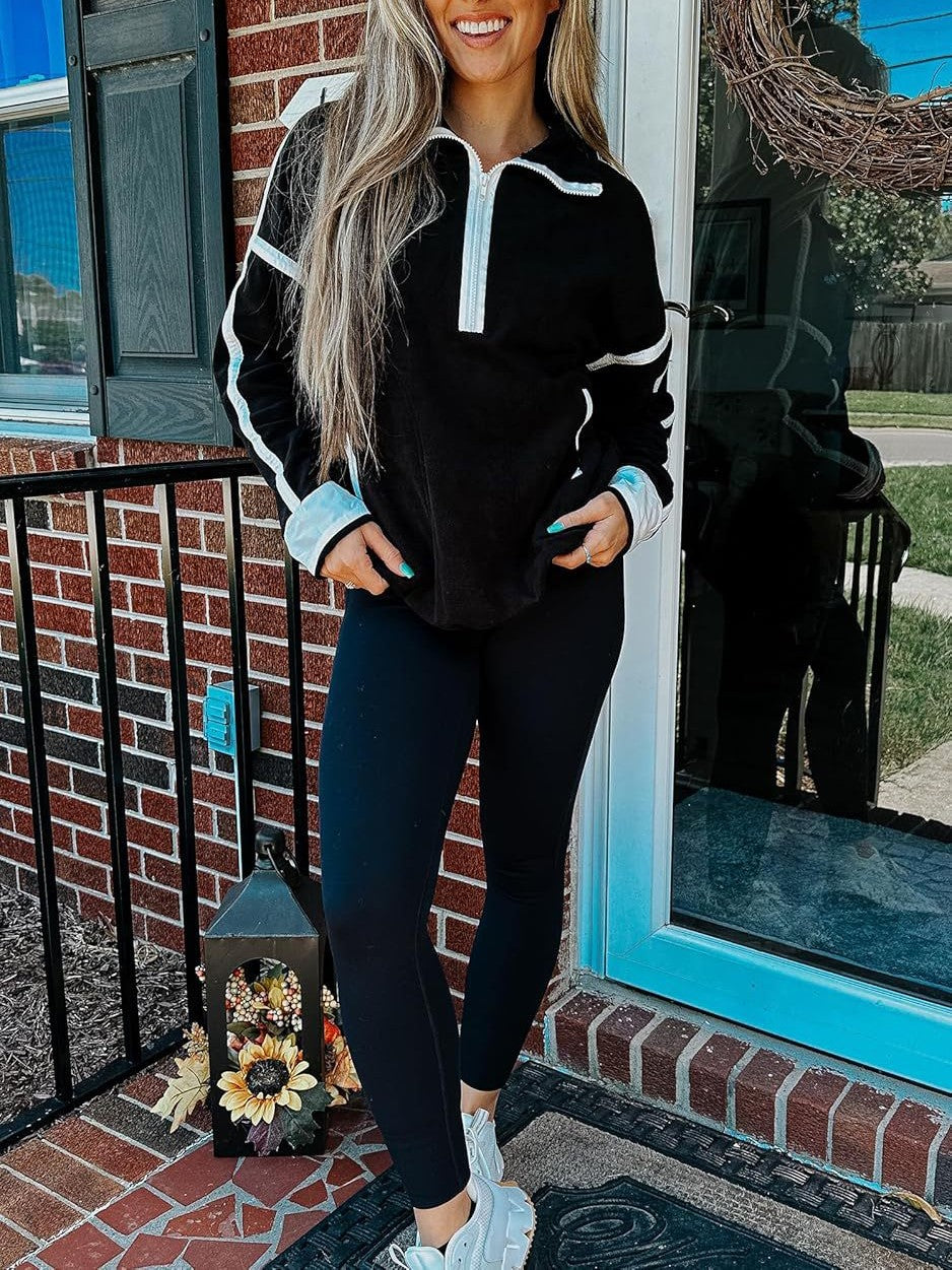 Contrast Trim Half Zip Fleece Pullover - Black - 1