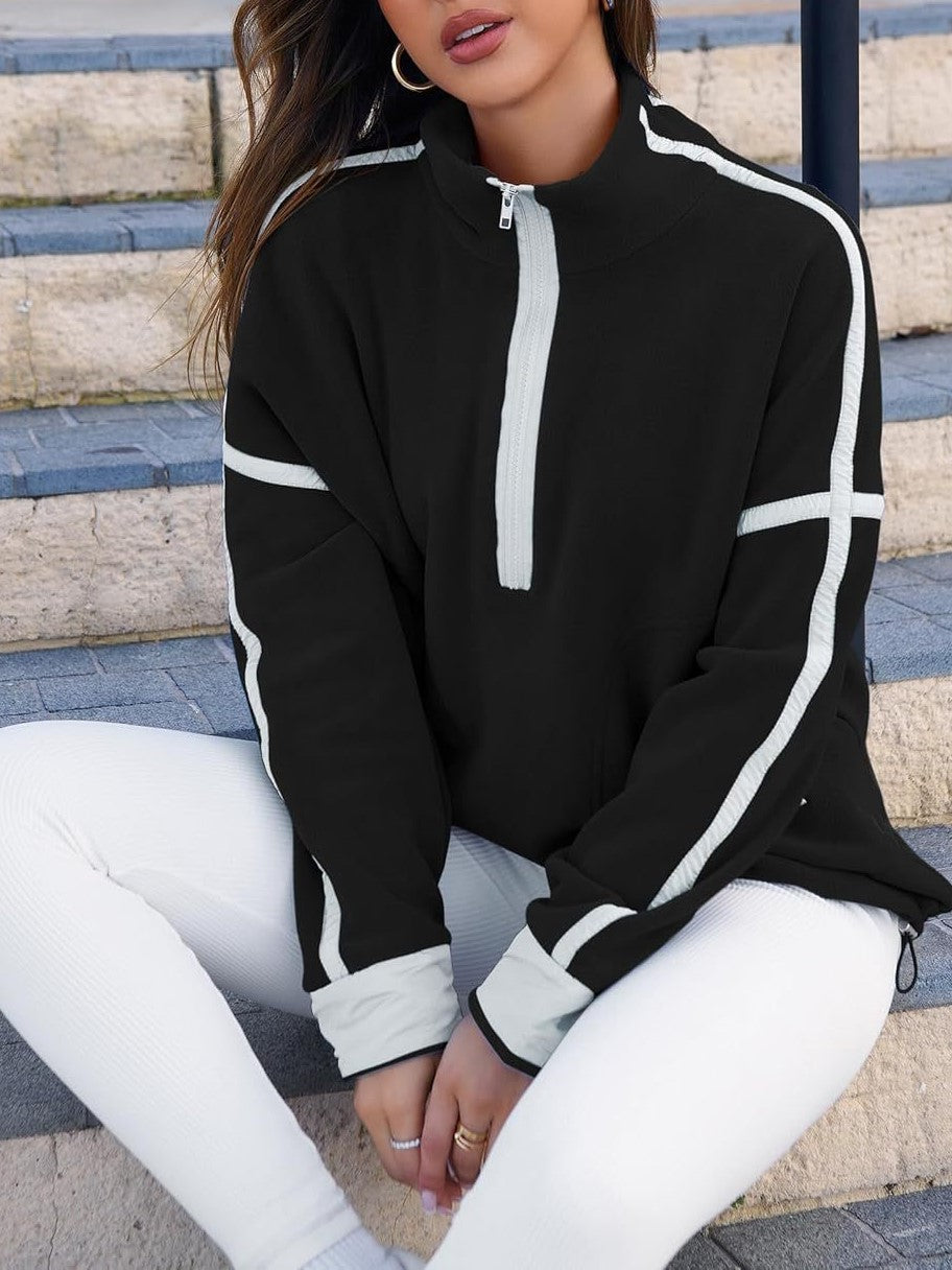 Contrast Trim Half Zip Fleece Pullover - Black - 2