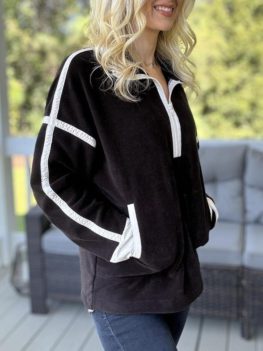 Contrast Trim Half Zip Fleece Pullover - Black - 3