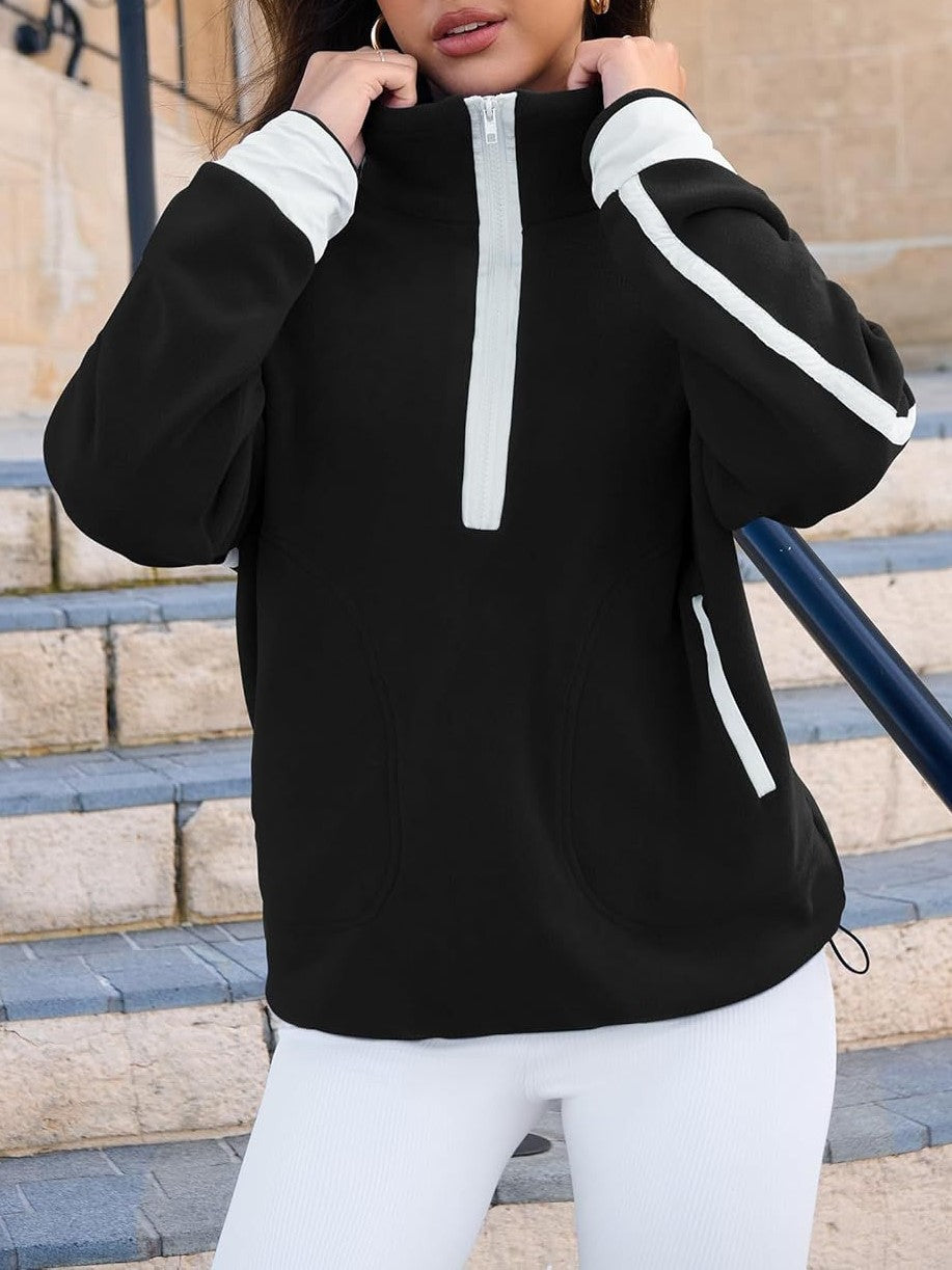Contrast Trim Half Zip Fleece Pullover - Black - 4