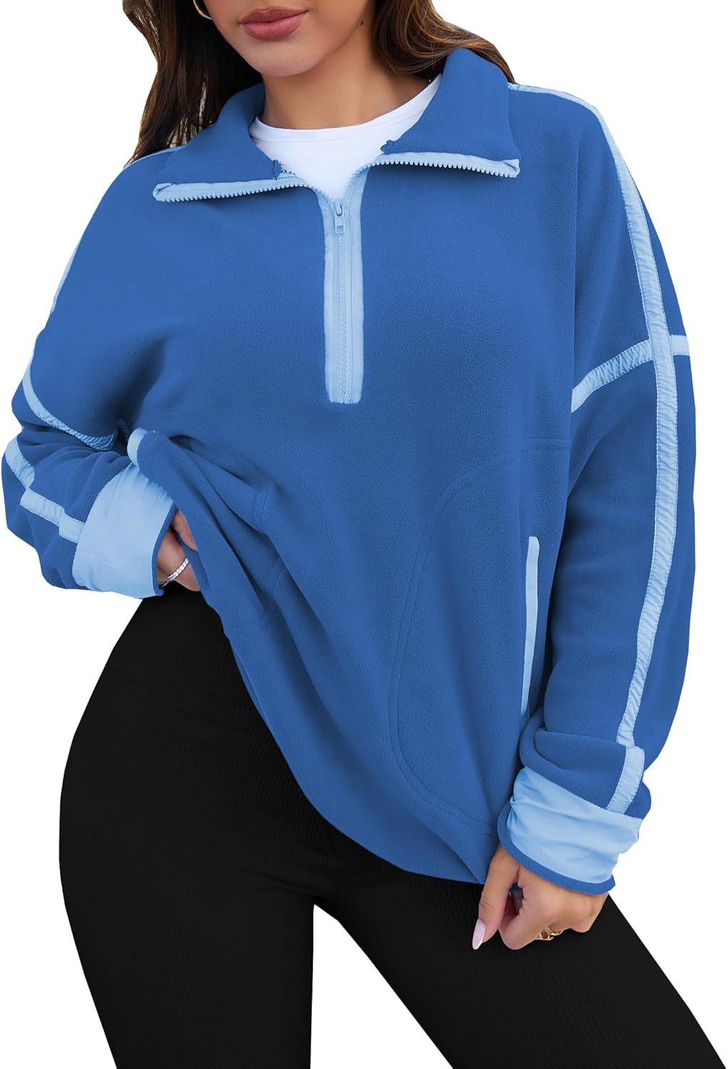 Contrast Trim Half Zip Fleece Pullover - Blue