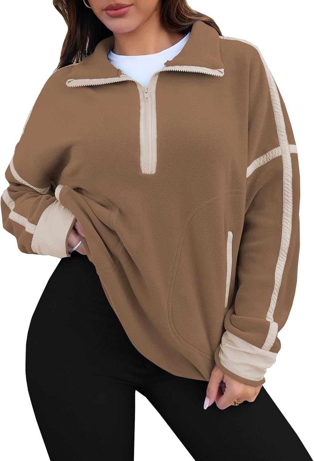 Contrast Trim Half Zip Fleece Pullover - Brown