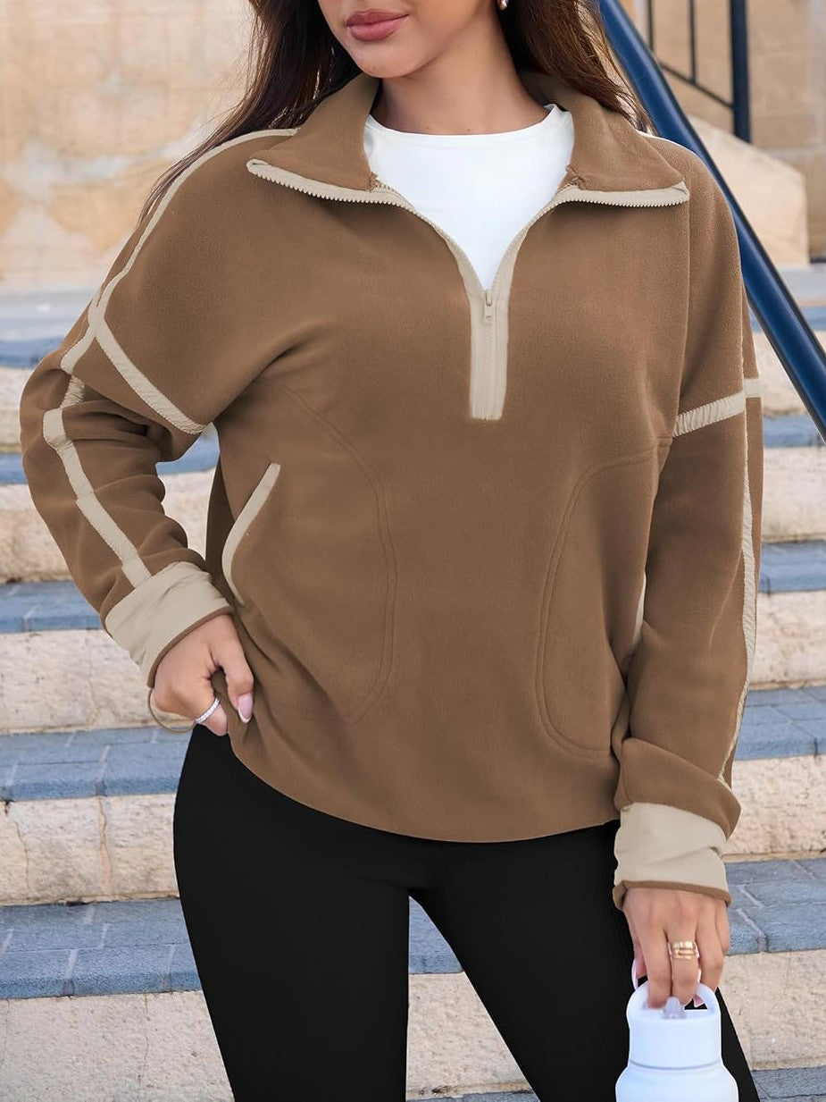 Contrast Trim Half Zip Fleece Pullover - Brown - 1