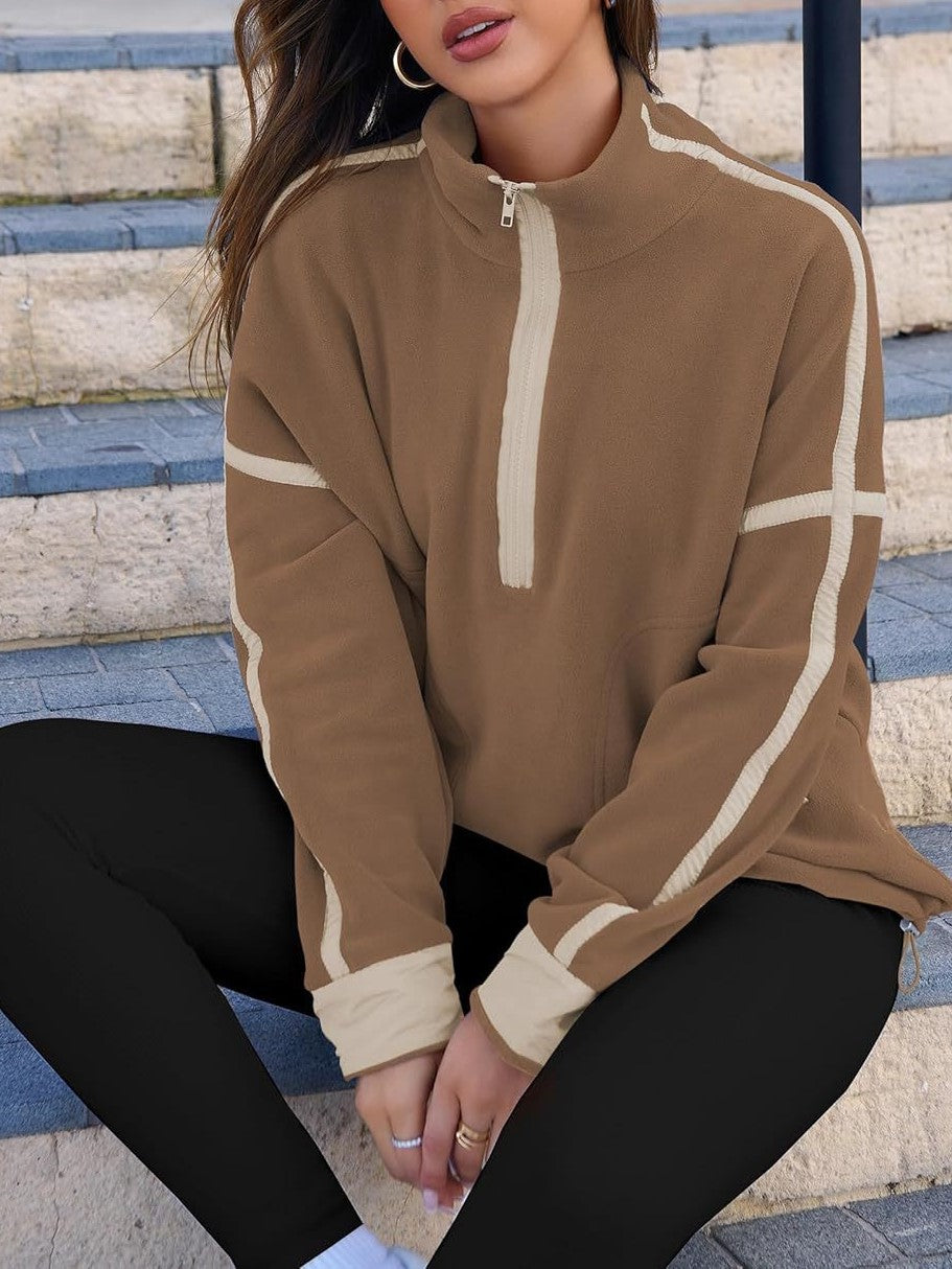 Contrast Trim Half Zip Fleece Pullover - Brown - 2