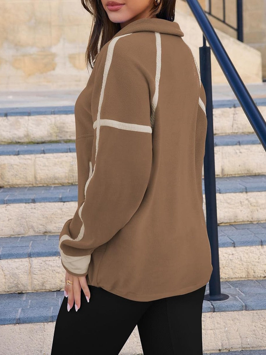 Contrast Trim Half Zip Fleece Pullover - Brown - 3