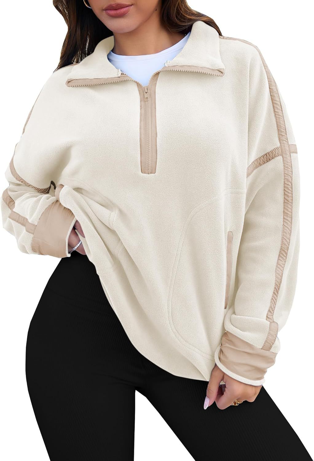 Contrast Trim Half Zip Fleece Pullover - Offwhite - 1
