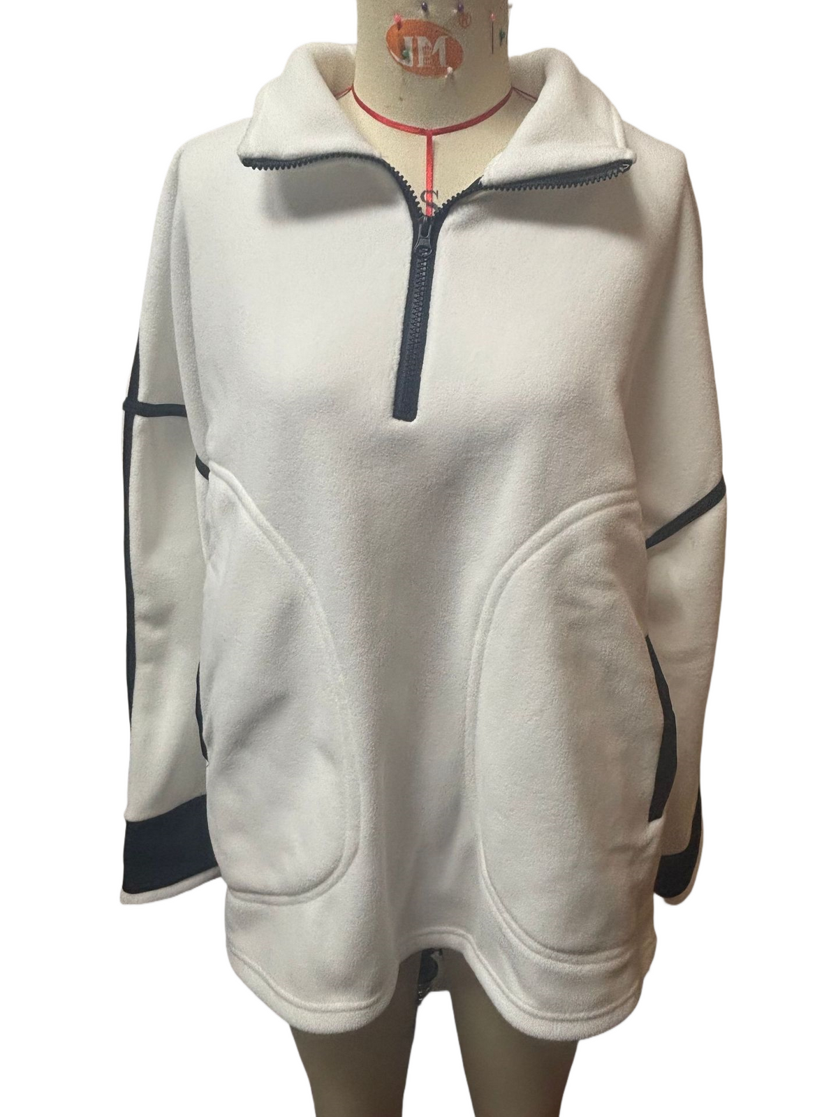 Contrast Trim Half Zip Fleece Pullover - Offwhite - 2