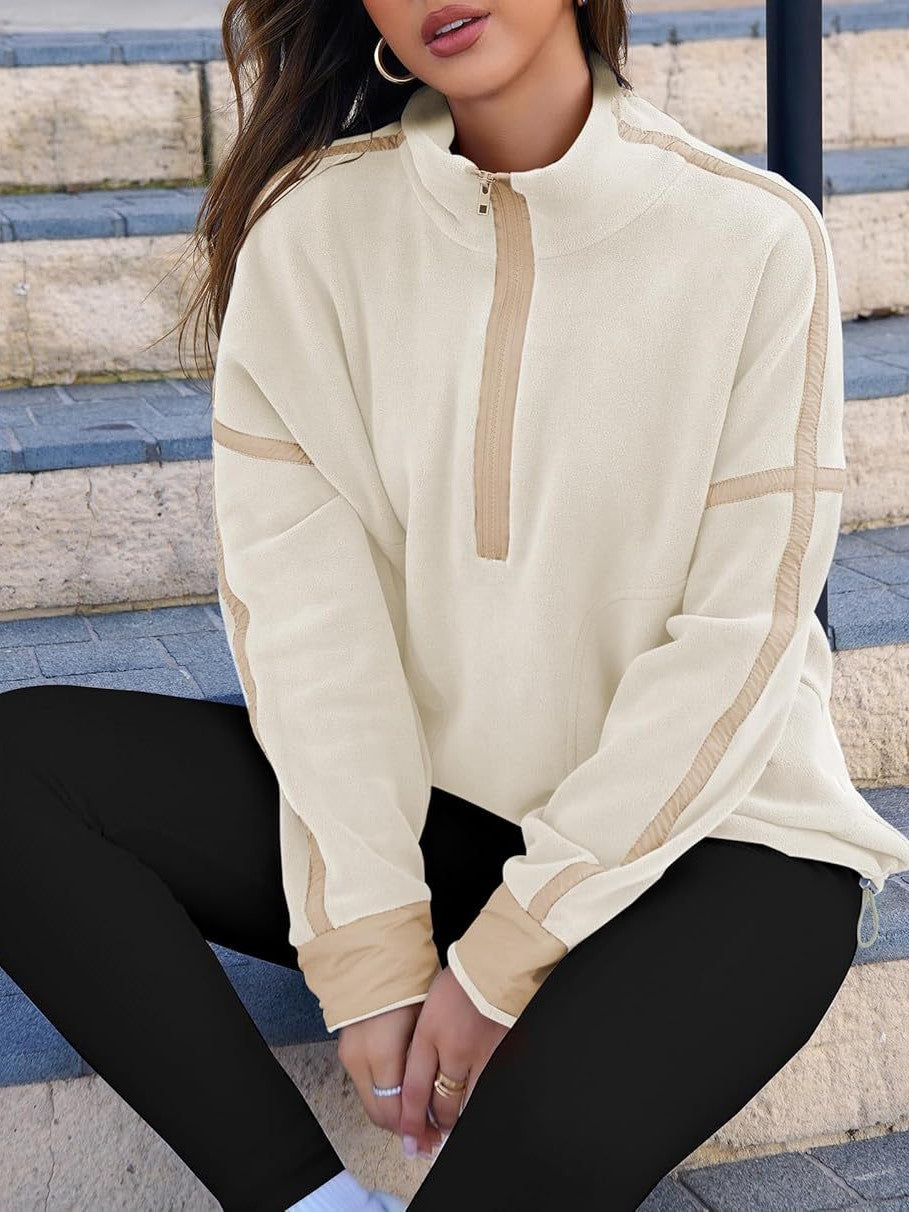 Contrast Trim Half Zip Fleece Pullover - Offwhite - 3