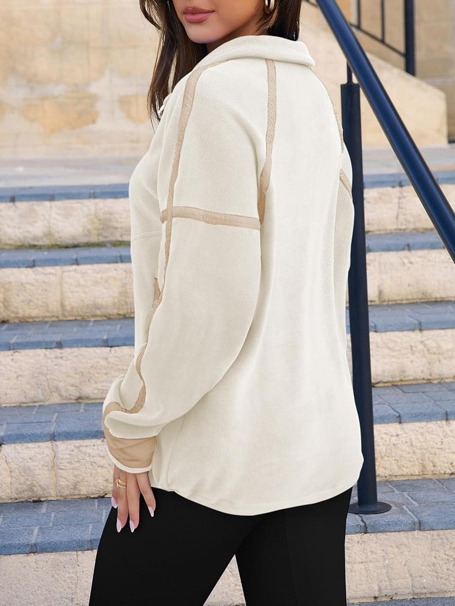 Contrast Trim Half Zip Fleece Pullover - Offwhite - 4