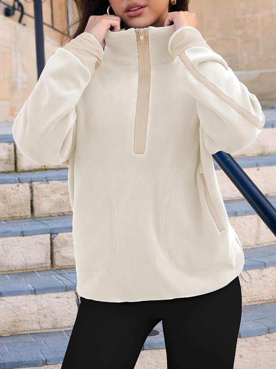 Contrast Trim Half Zip Fleece Pullover - Offwhite - 5