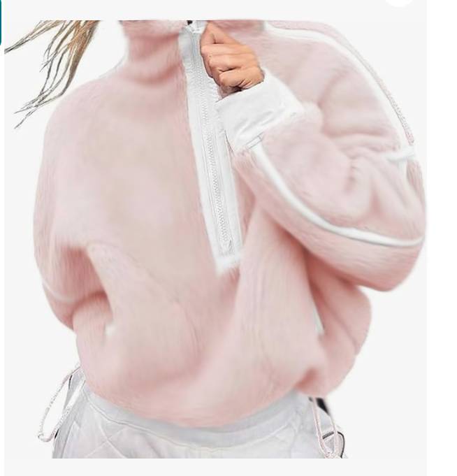 Contrast Trim Half Zip Fleece Pullover - Pink
