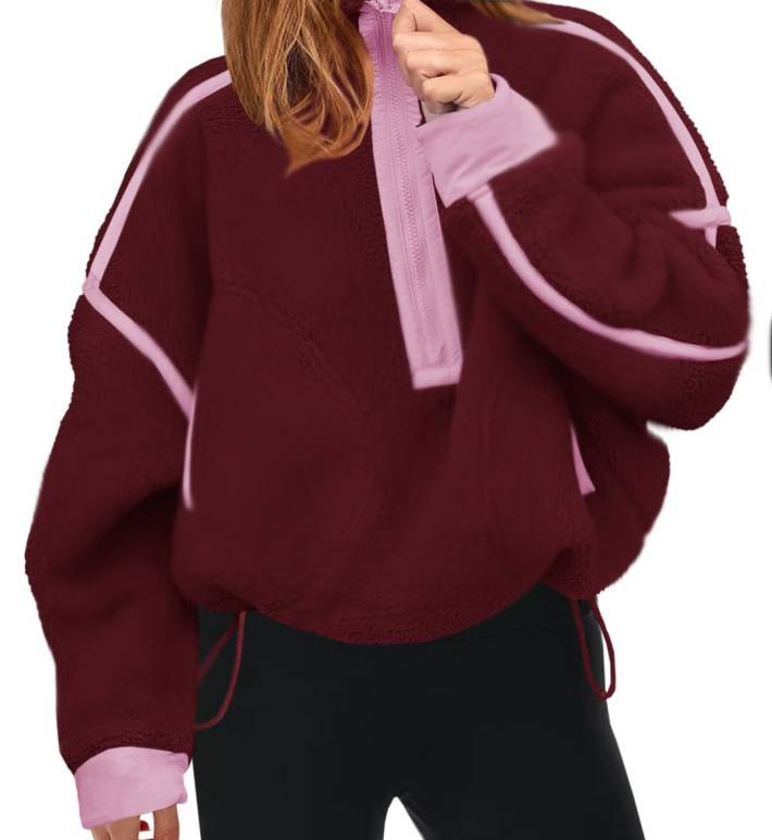 Contrast Trim Half Zip Fleece Pullover - Red