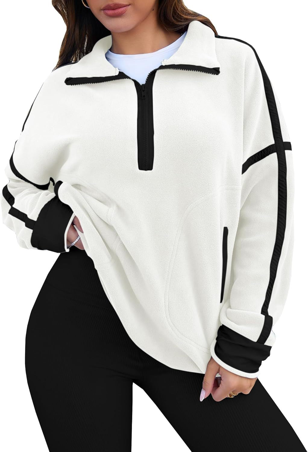 Contrast Trim Half Zip Fleece Pullover - White