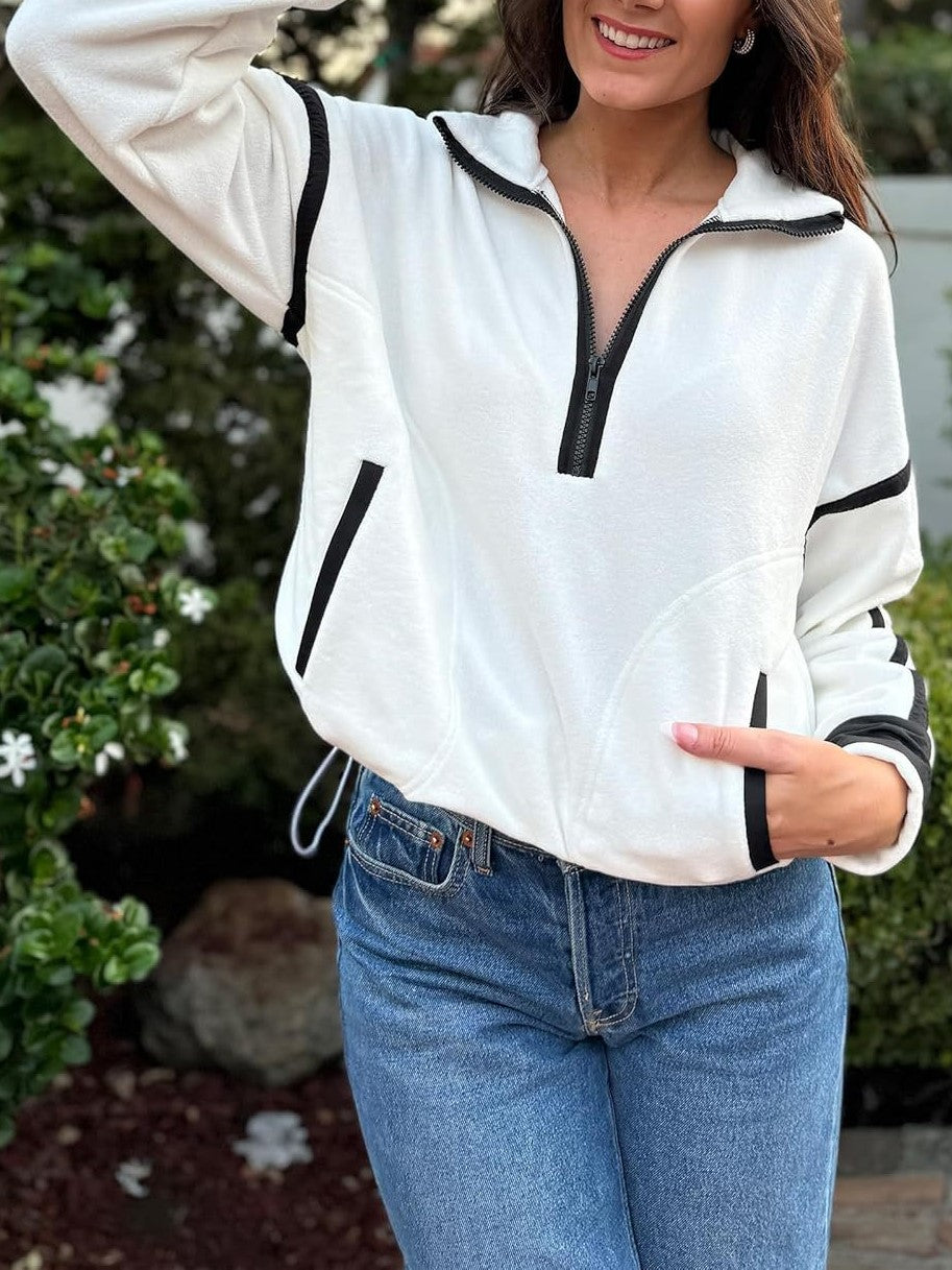 Contrast Trim Half Zip Fleece Pullover - White - 1