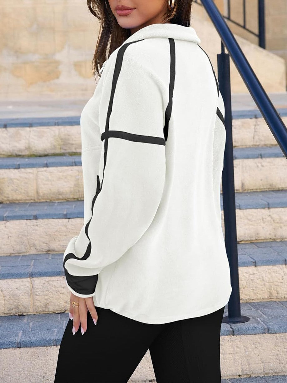 Contrast Trim Half Zip Fleece Pullover - White - 2