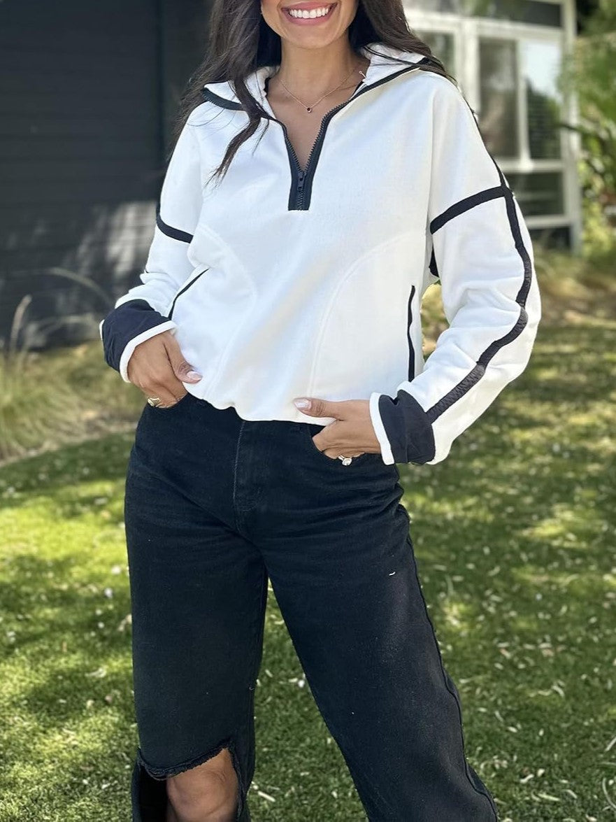 Contrast Trim Half Zip Fleece Pullover - White - 3