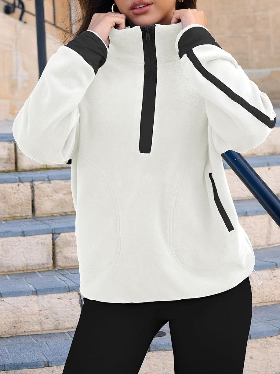 Contrast Trim Half Zip Fleece Pullover - White - 4
