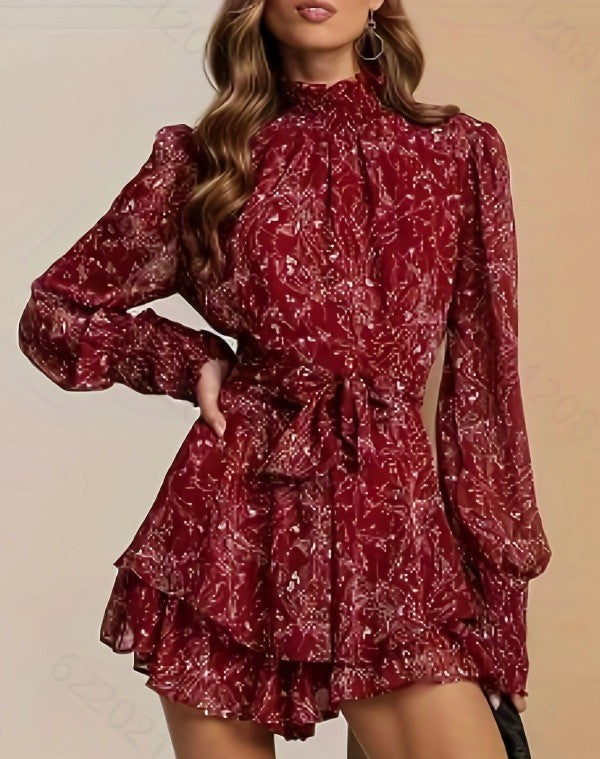 Floral Chiffon Ruffle Hem Mini Dress - Red