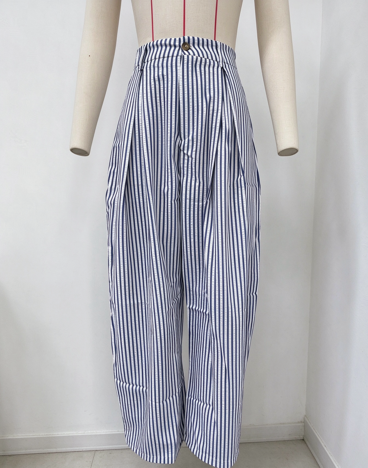 Pinstripe Pleated High Waist Barrel Wide Leg Pants - Navy