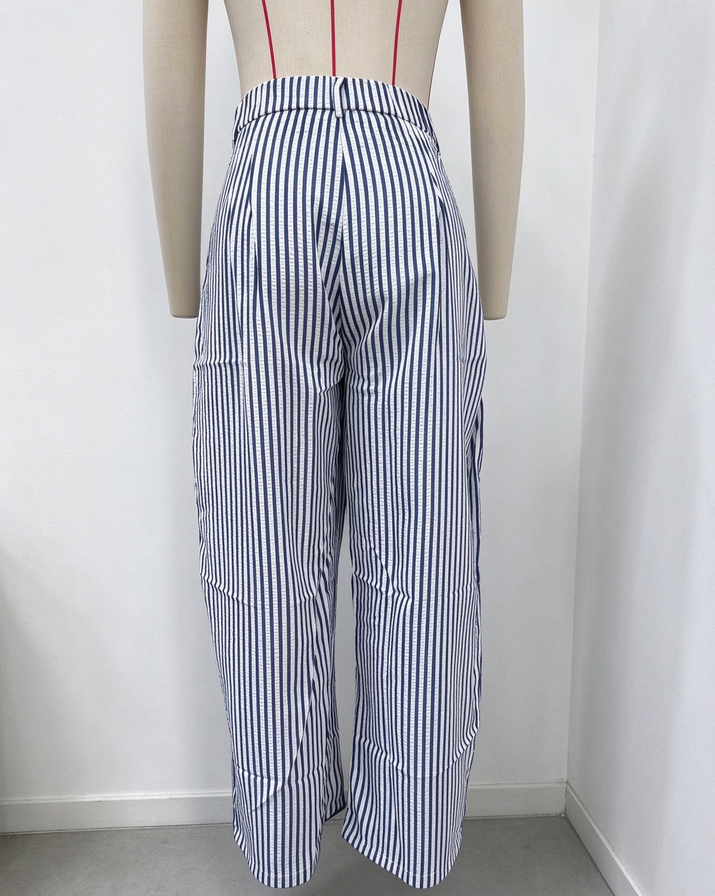 Pinstripe Pleated High Waist Barrel Wide Leg Pants - Navy - 3