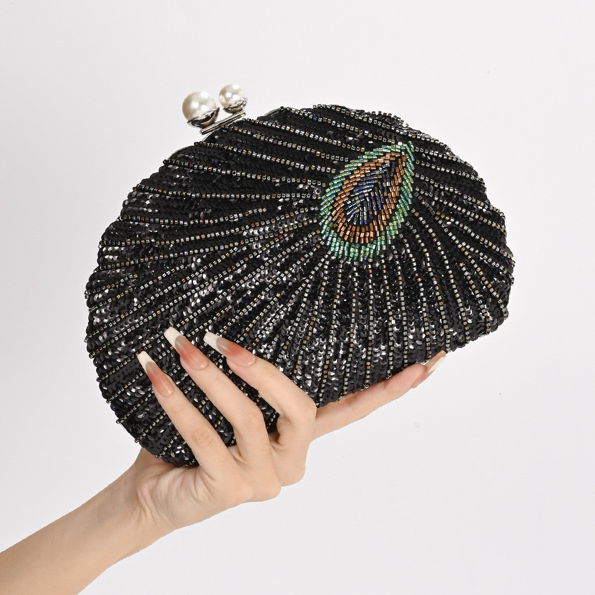 Peacock Feather Sequin Shell Evening Clutch - Black