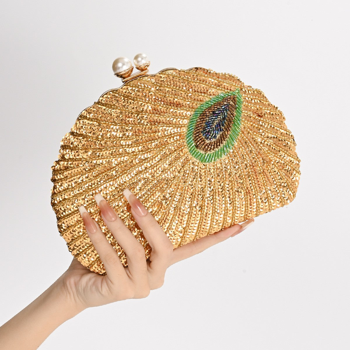 Peacock Feather Sequin Shell Evening Clutch - Gold