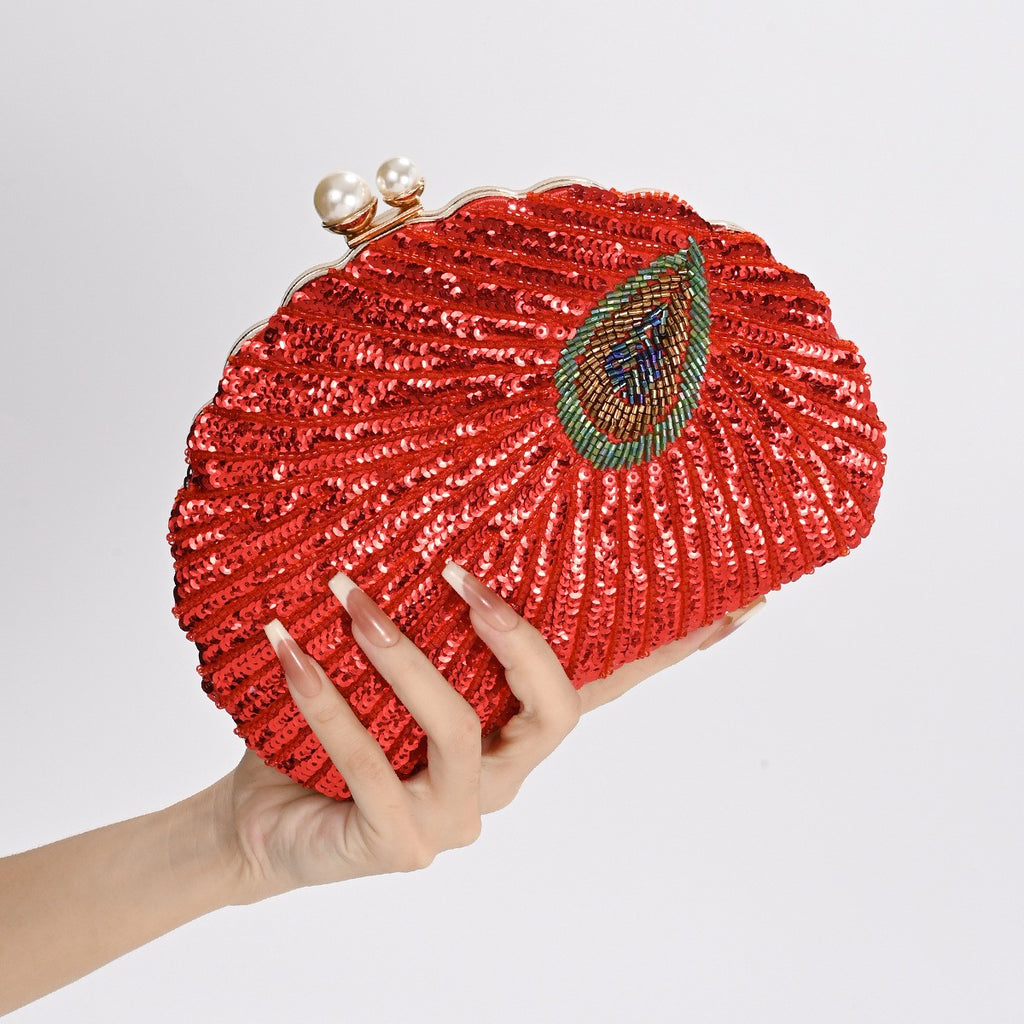 Peacock Feather Sequin Shell Evening Clutch - Red