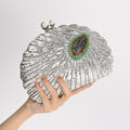 Peacock Feather Sequin Shell Evening Clutch - Silver