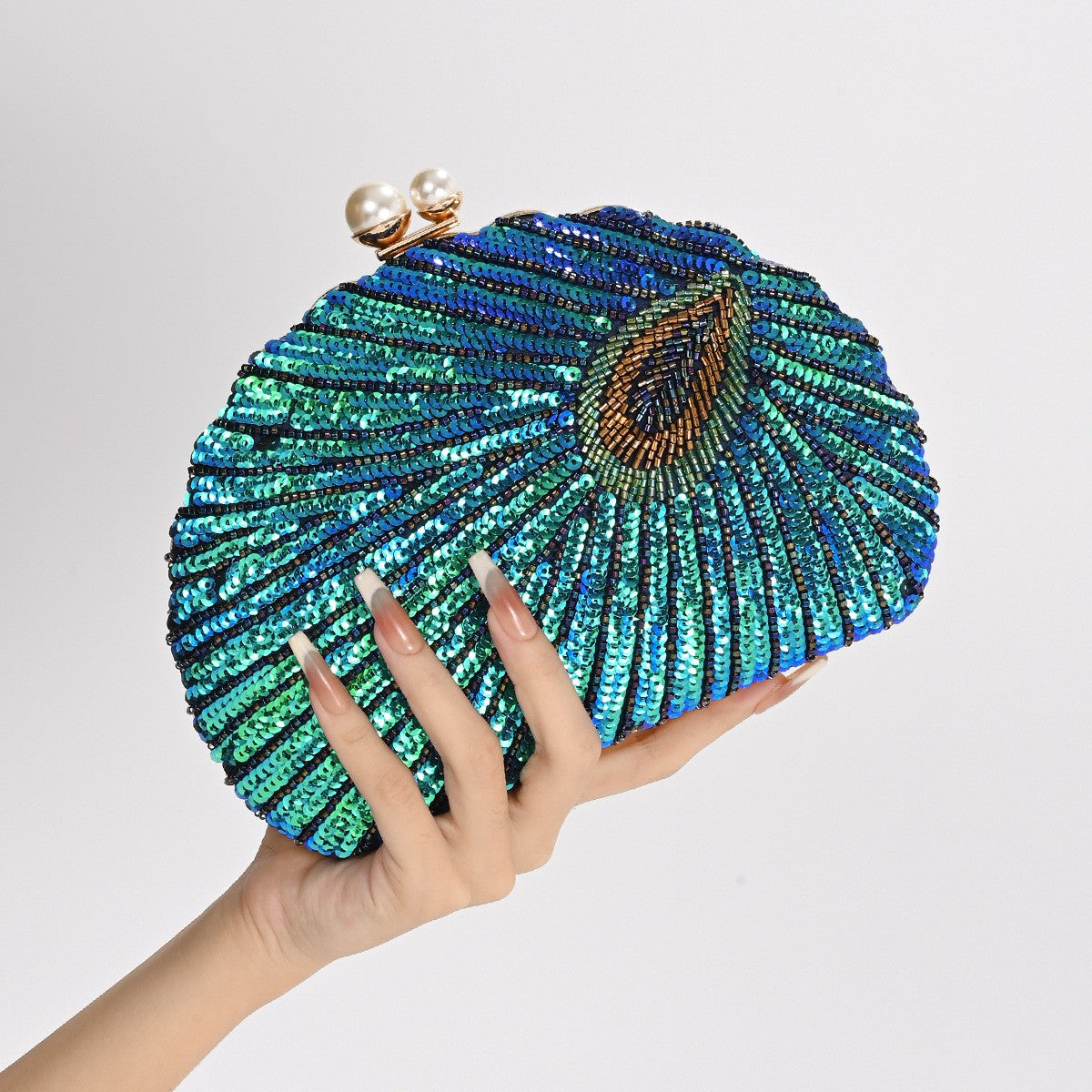 Peacock Feather Sequin Shell Evening Clutch
