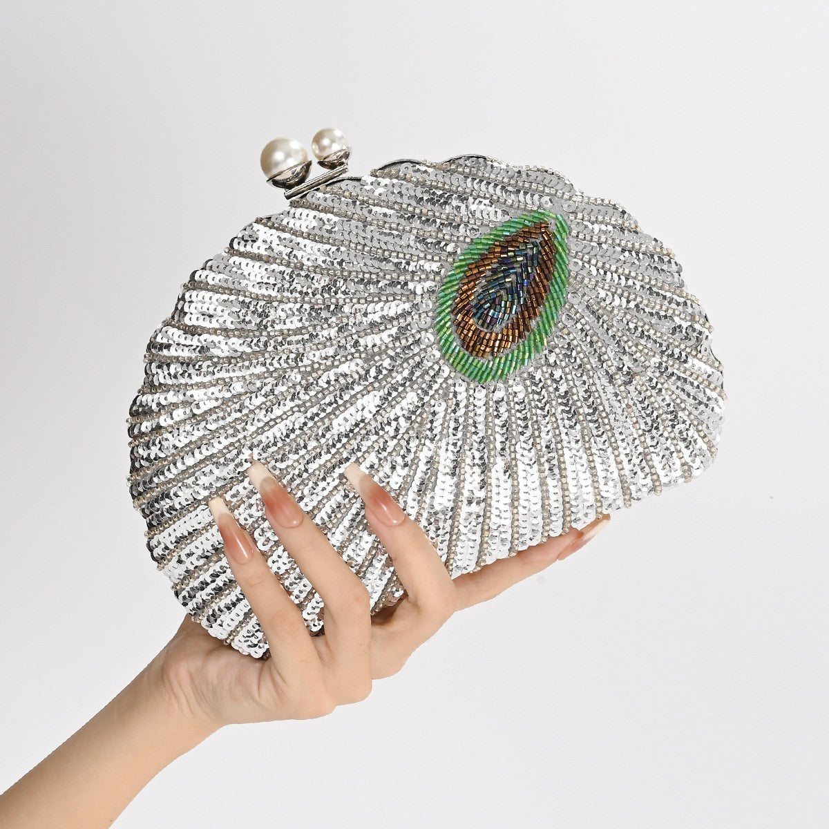 Peacock Feather Sequin Shell Evening Clutch