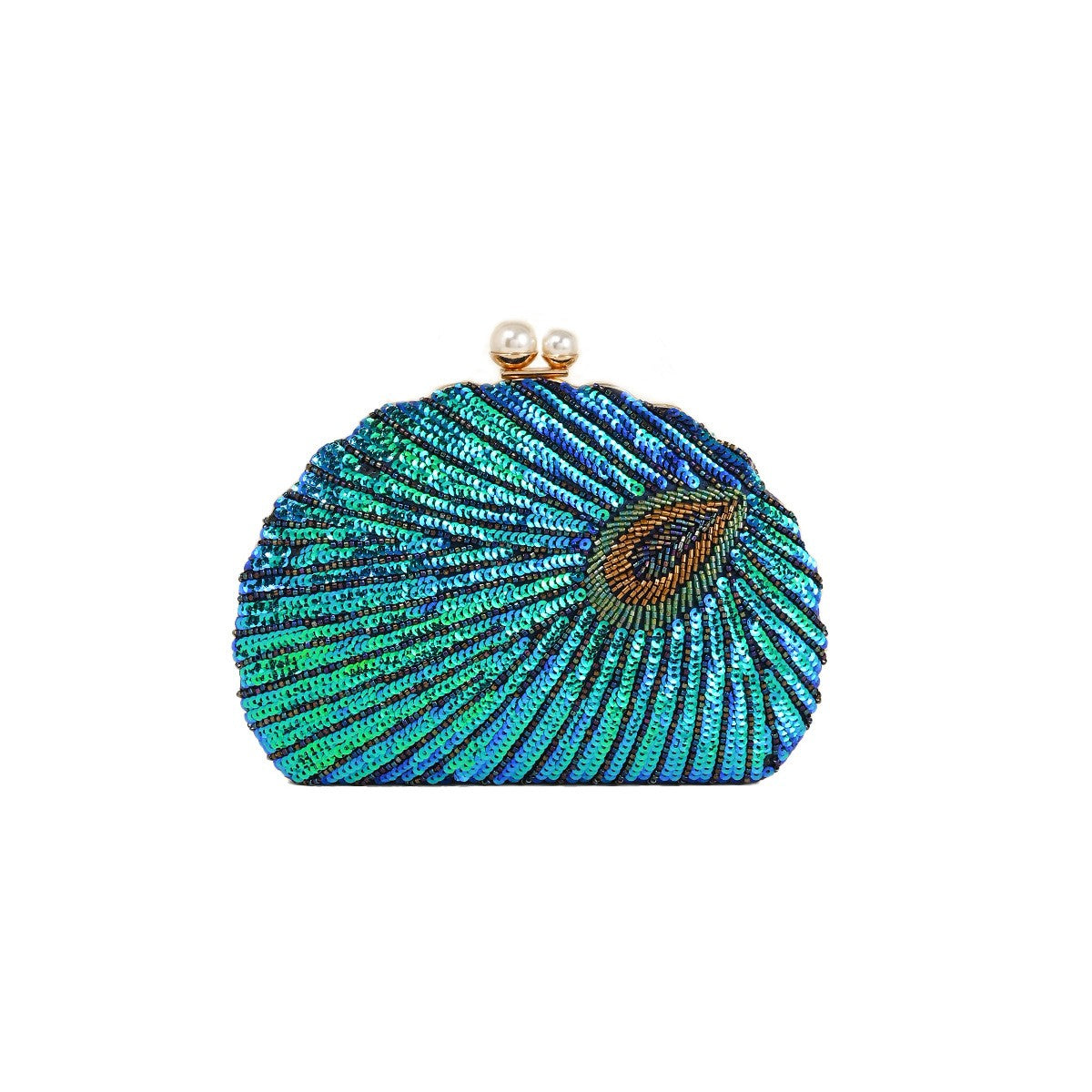 Peacock Feather Sequin Shell Evening Clutch