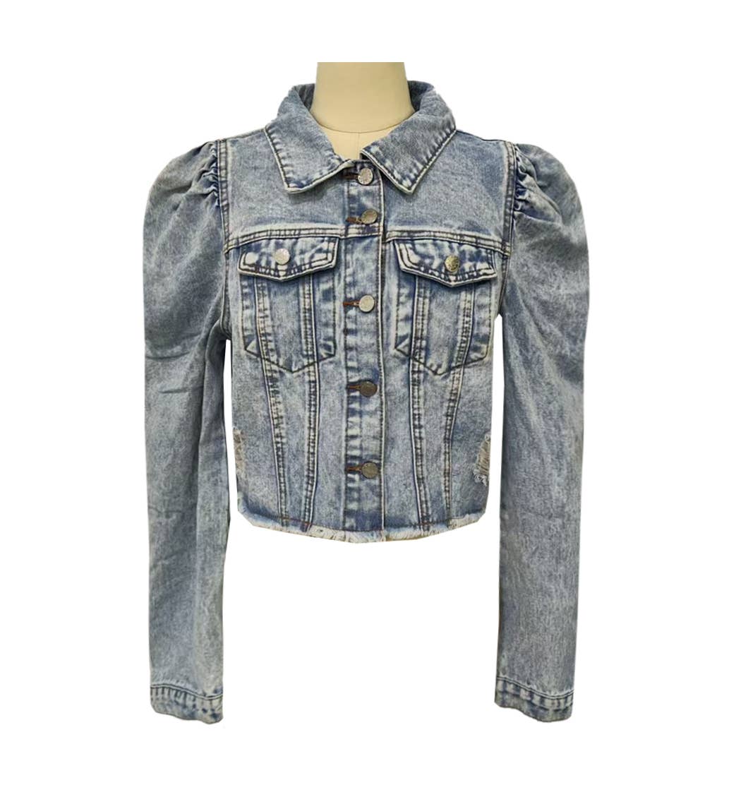 Puff Sleeve Cropped Denim Jacket
