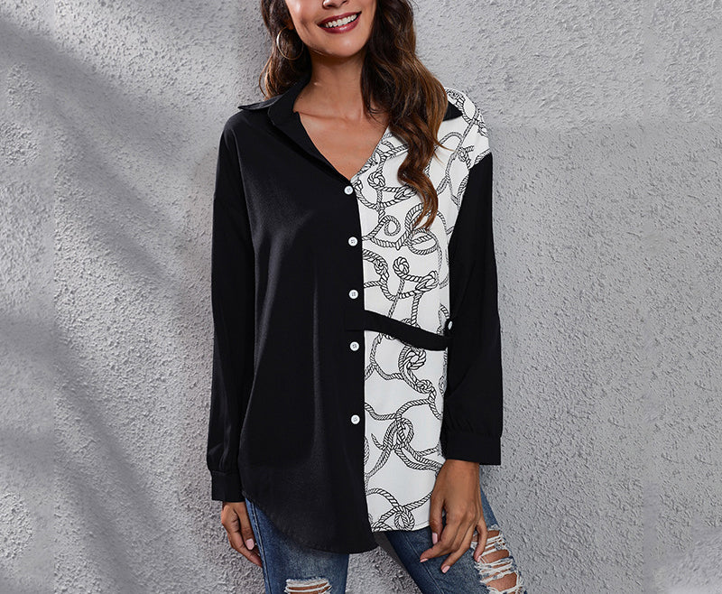 Color Block Print Long Sleeve Button Blouse - chain
