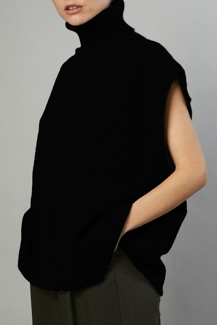 Slouchy Turtleneck Sleeveless Knit Sweater - black - 2