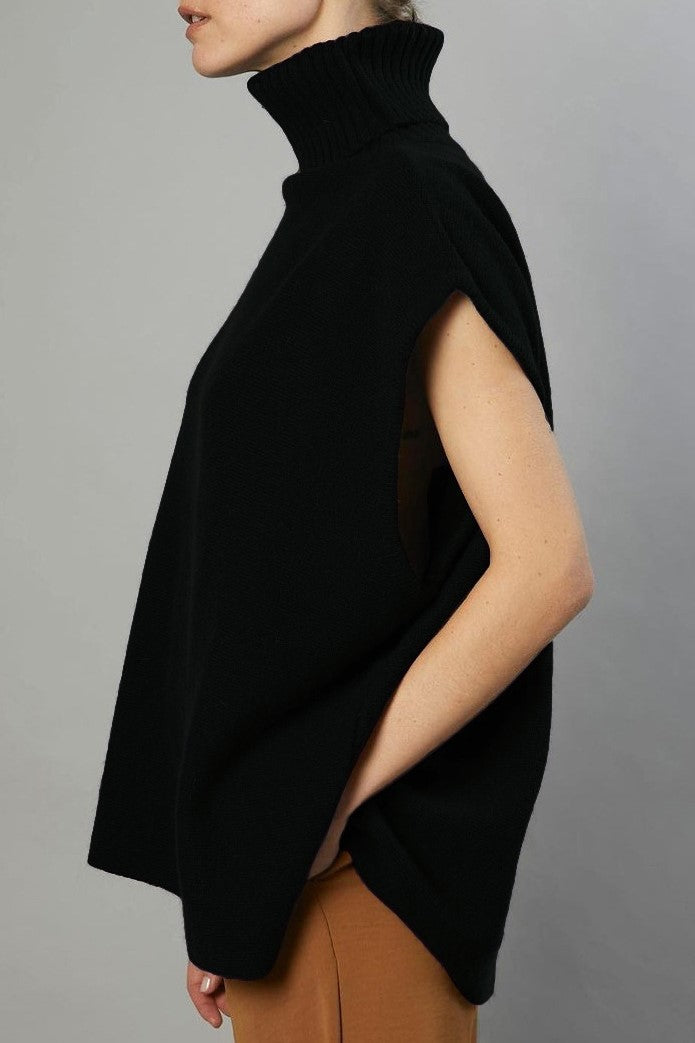 Slouchy Turtleneck Sleeveless Knit Sweater - black - 3