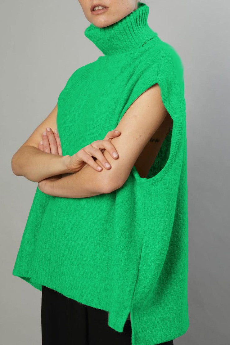 Slouchy Turtleneck Sleeveless Knit Sweater - green - 2