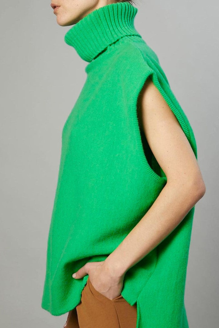 Slouchy Turtleneck Sleeveless Knit Sweater - green - 3