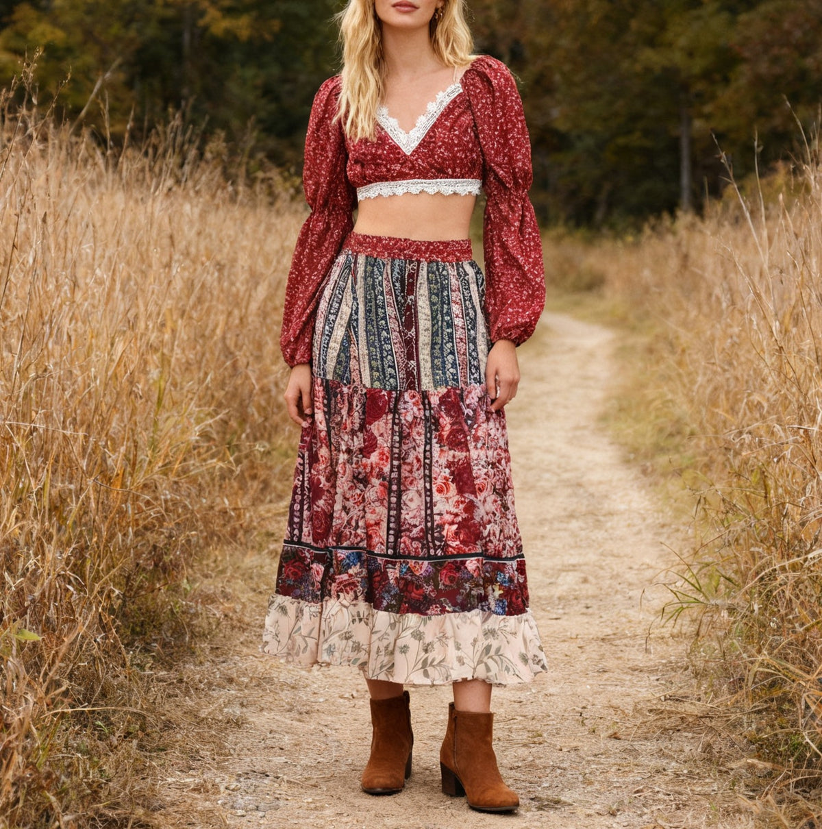 Boho Floral Crop Top And Tiered Skirt Set