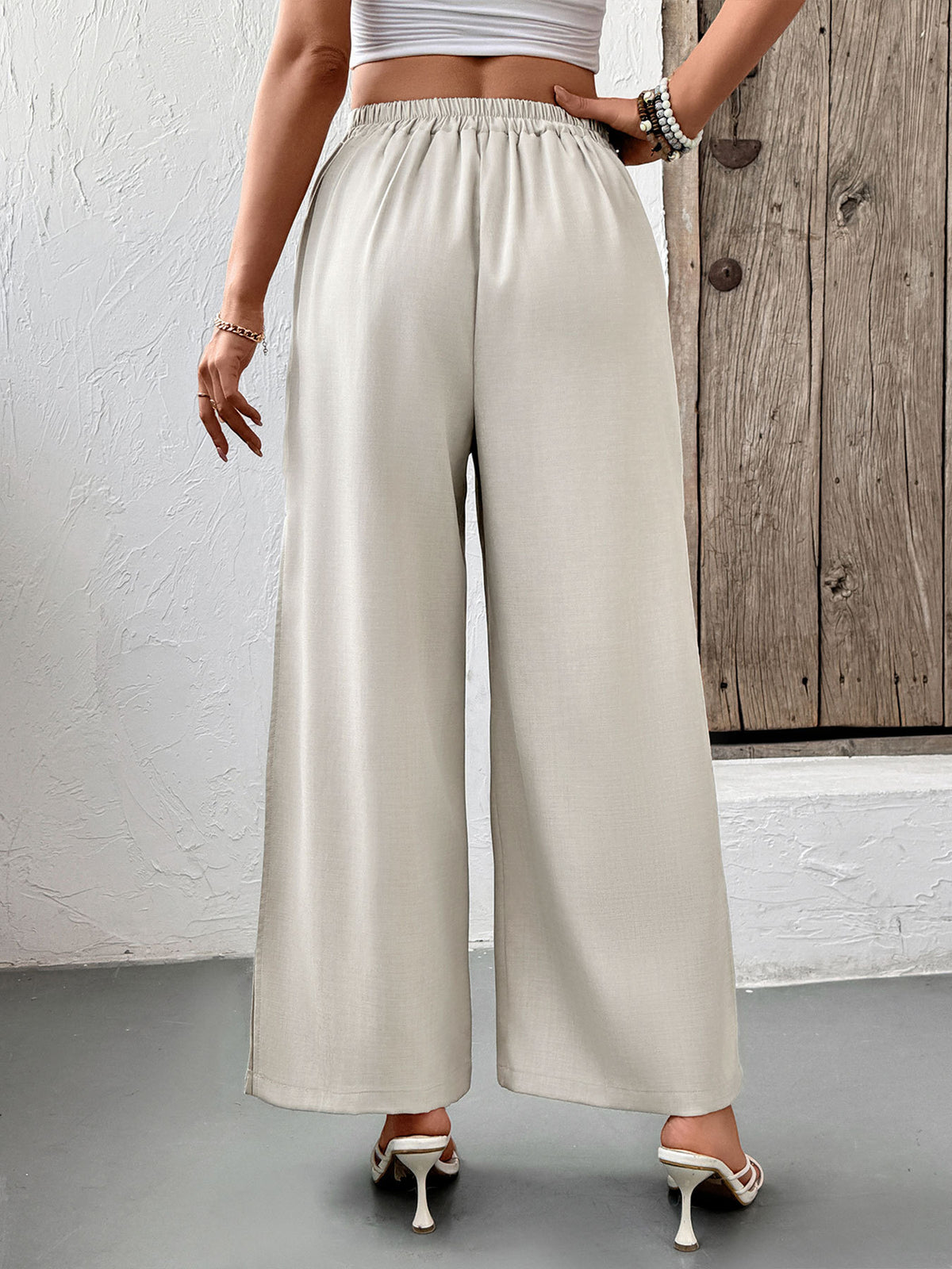 Flowy Palazzo Pants With Side Slits - Apricot - 1