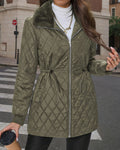 Diamond Quilted Coat With Faux Fur Collar - Green