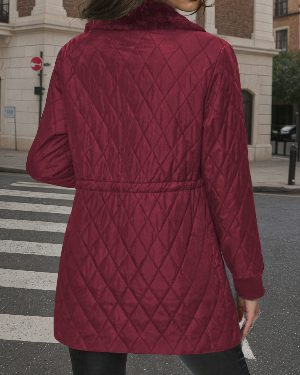Diamond Quilted Coat With Faux Fur Collar - Wine-Red - 1