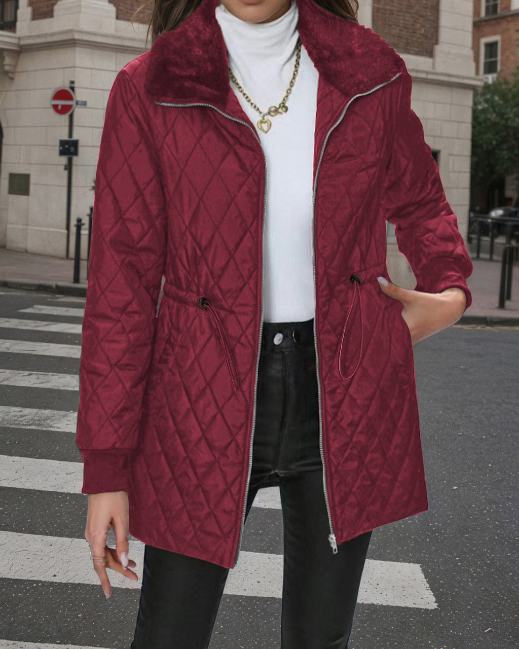 Diamond Quilted Coat With Faux Fur Collar - Wine-Red