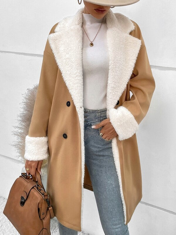Faux Shearling Collar Double Breasted Long Coat - Khaki