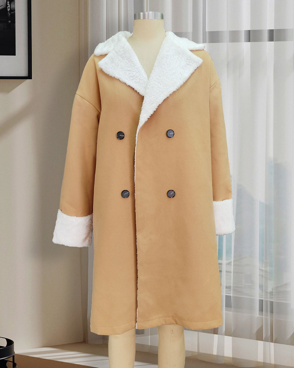 Faux Shearling Collar Double Breasted Long Coat - Khaki - 1