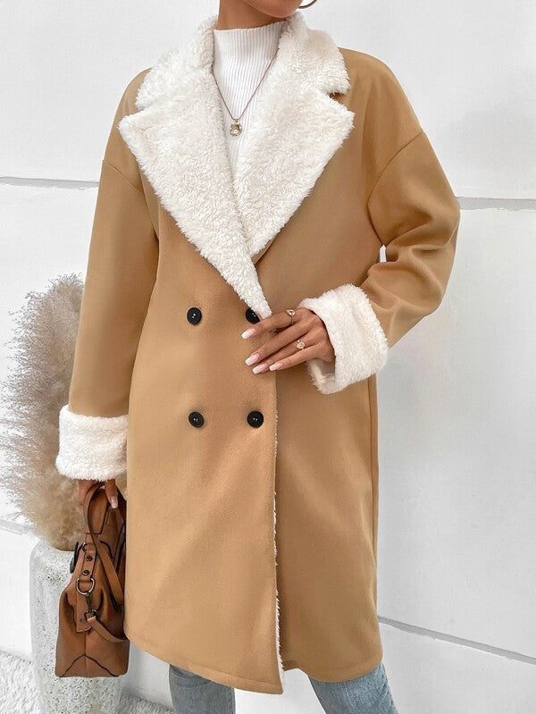 Faux Shearling Collar Double Breasted Long Coat - Khaki - 2